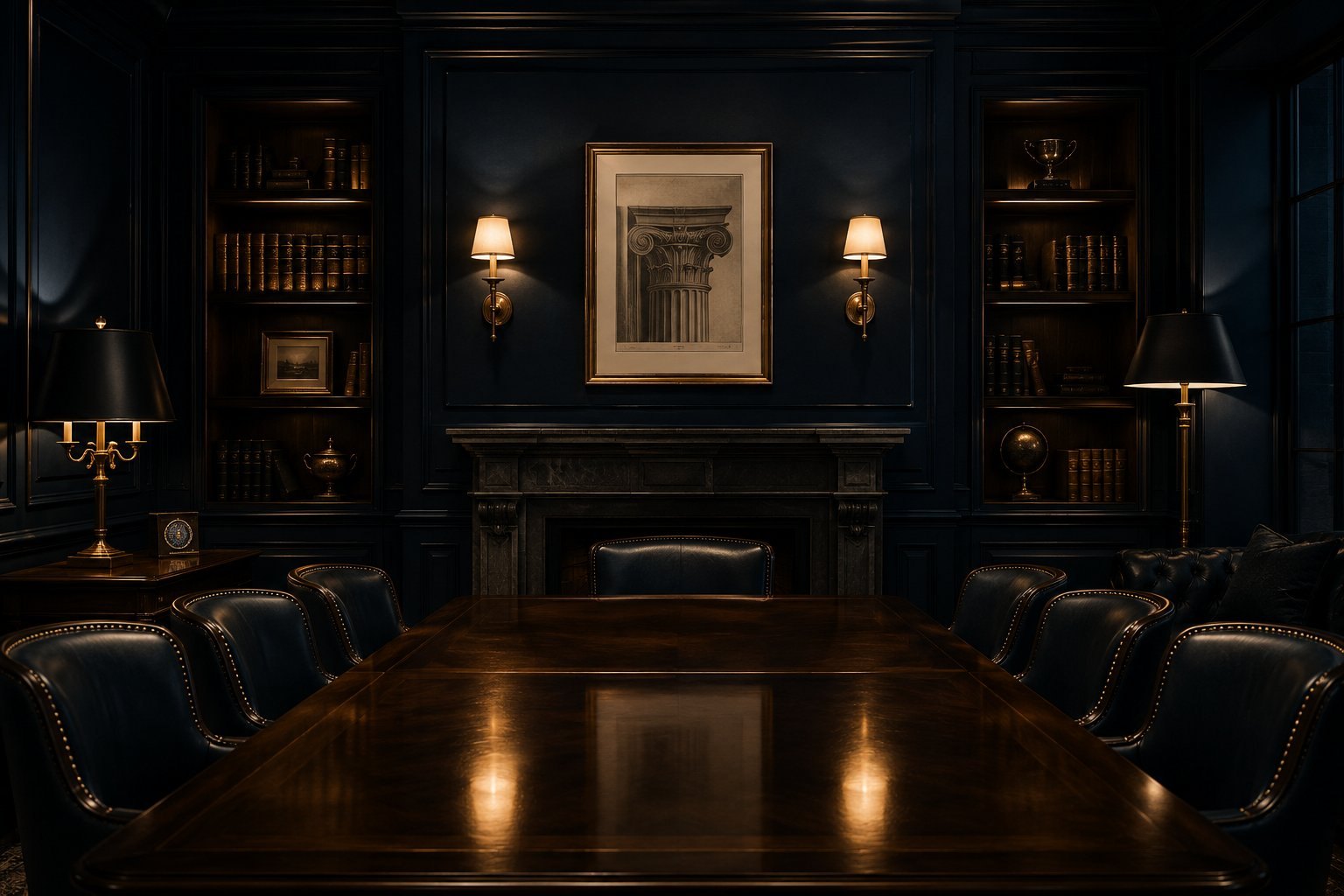 The CrossBloc members' room — leather, mahogany, lamplight