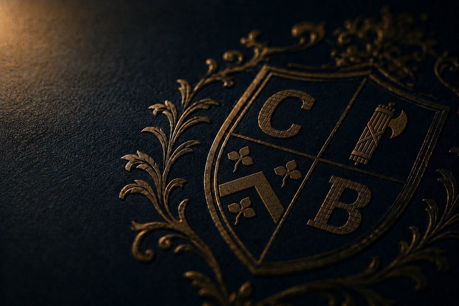 CrossBloc heraldic crest embossed in gold