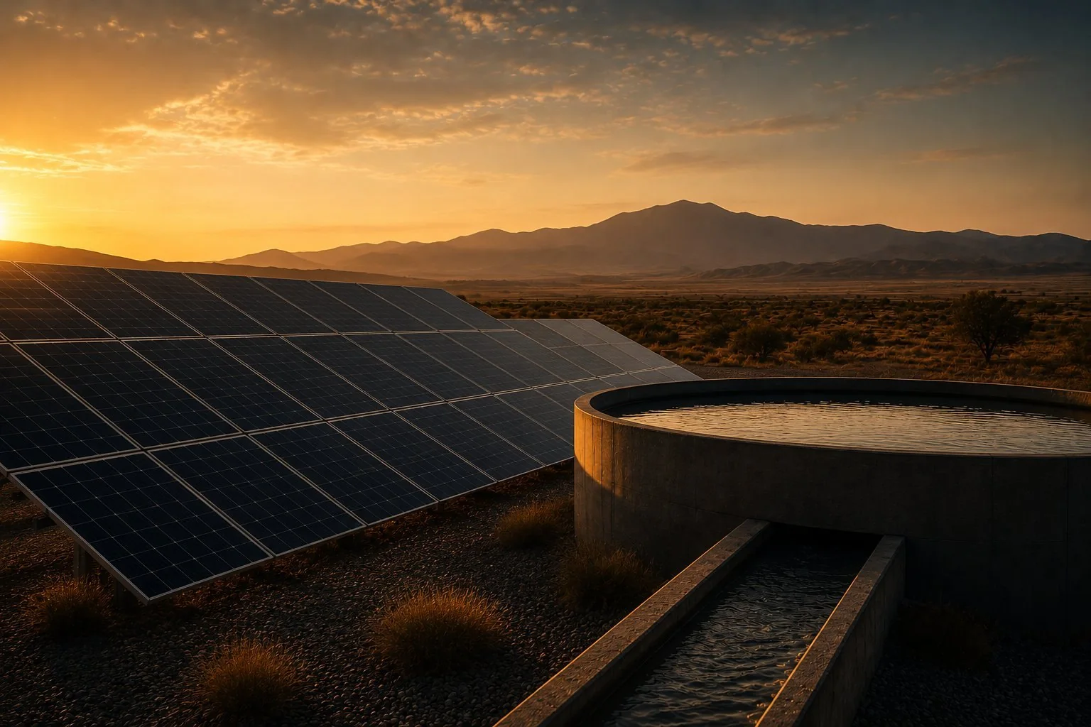 Solar array and water reservoir at sunset — frontier-market infrastructure